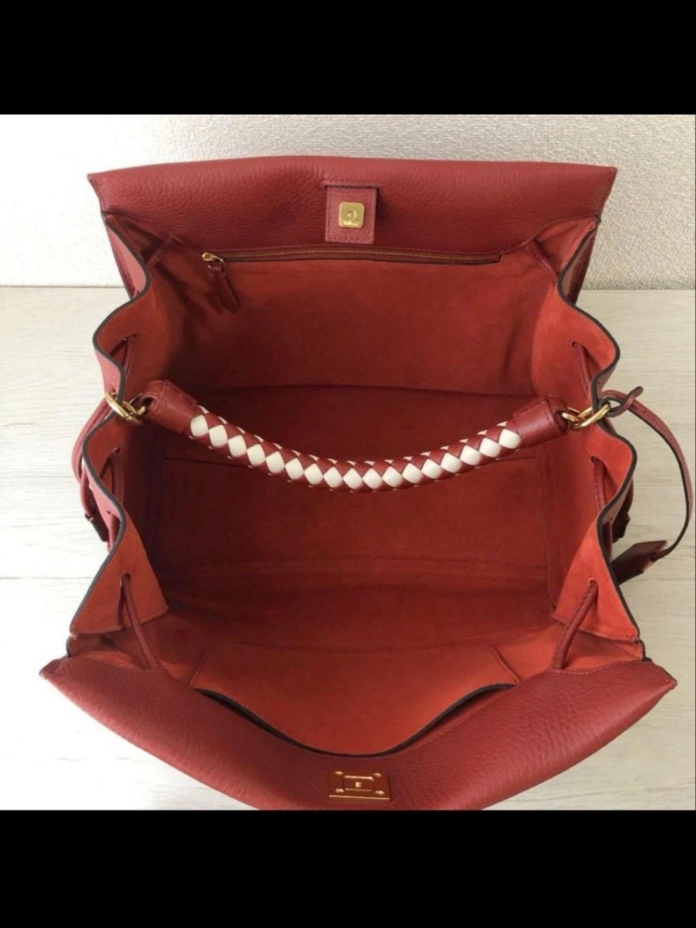 Mulberry Red Leather Satchel with Woven Top Handle - Picture 6 of 8